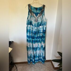 Lane Bryant plus size sleeveless beaded detail long blue print dress size 20